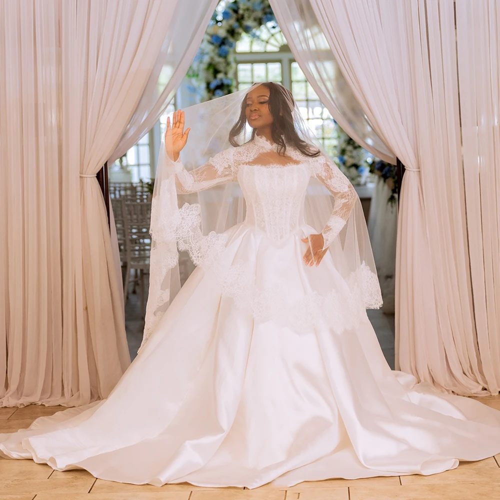 

African Satin Ball Gown Wedding Dresses for Bride High Collar Hollowed Long Sleeve Lace Beads Garden Bridal Gowns Customized