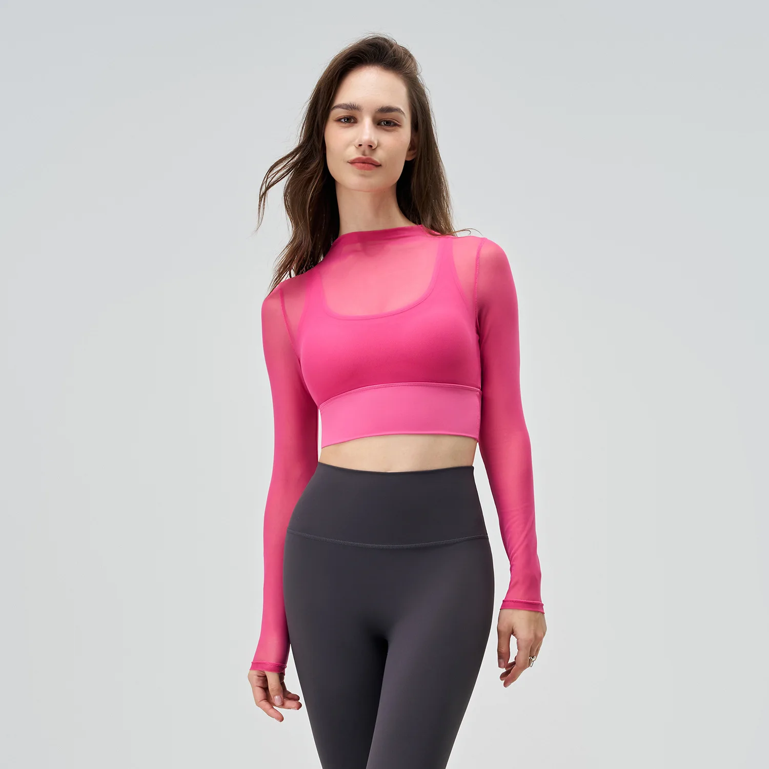 Camicie sportive a maniche lunghe in Mesh ad asciugatura rapida traspirante donna palestra Yoga Fitness Slim elastico morbido Crop Top delicato sulla pelle