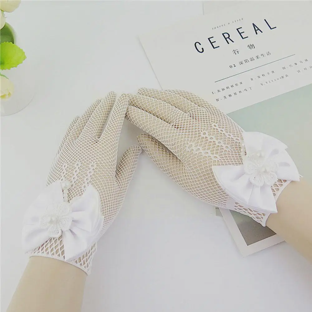 Net Bow Tie Dress White Gloves Wedding Dress Princess Gloves Children White Flower Princess Gloves for Children Girls