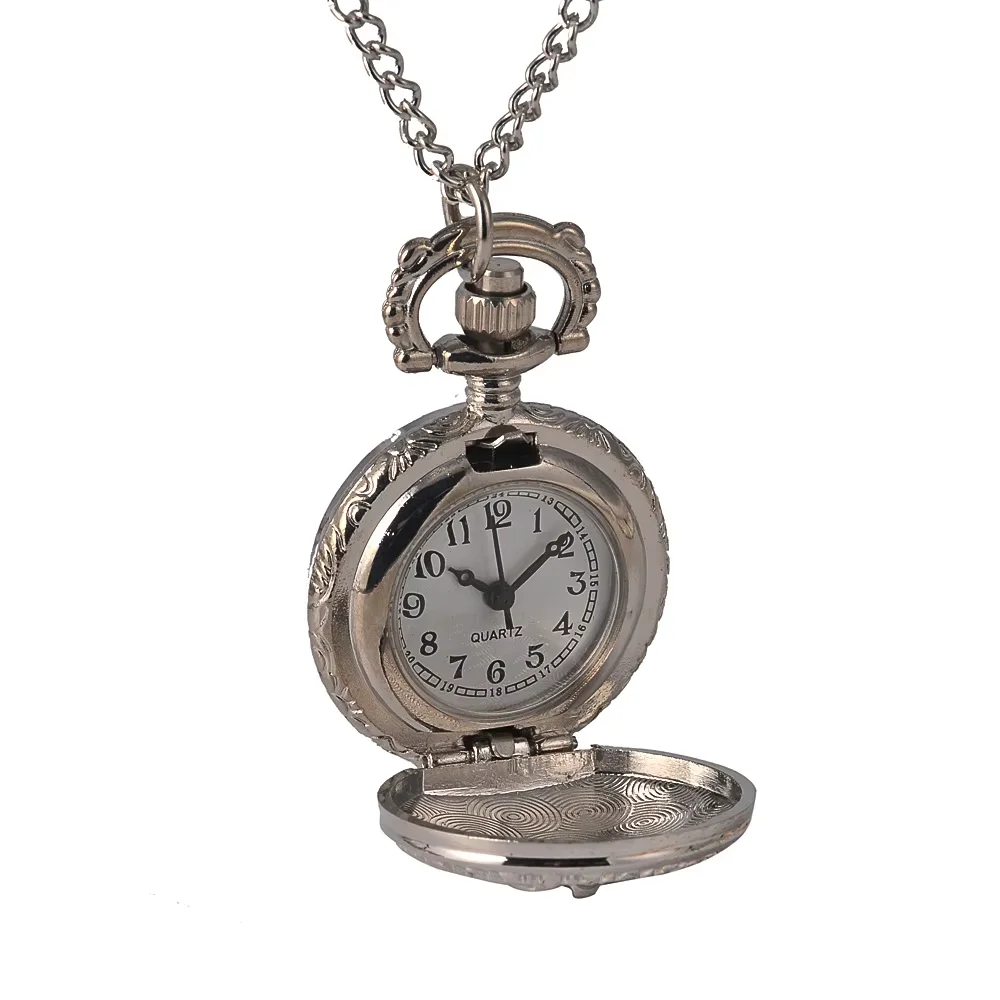 Fashion simple and exquisite quartz pocket watch small crown silver pocket watch with necklace