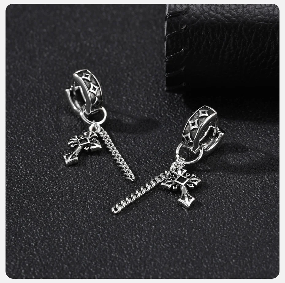 Vnox Kupfer Vintage Kreuz-Ohrhänger für Männer, Silberfarbene Kette mit Quaste, Hoop-Ohrringe im Punk-Gothic-Hip-Hop-Stil, Geschenk für Ohrschmuck – Detail 5