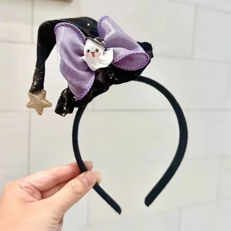 Halloween Witch Wizard Hat Hair Hoop with Plush Ghost Star Pumpkin Charms Alloy Metal Gothic Black Headband for Party Costume