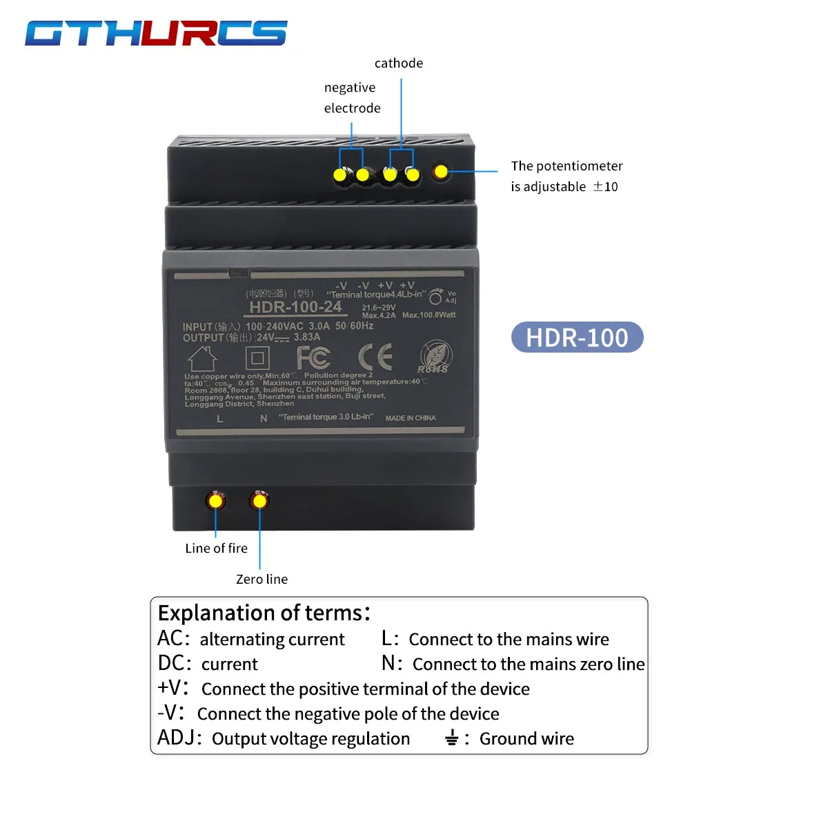 HDR-Series 15W 30W 60W 100W AC-DC 5V 12V 15V 24V 48V Ultra Slim Step Shape DIN Rail Switch Power Supply