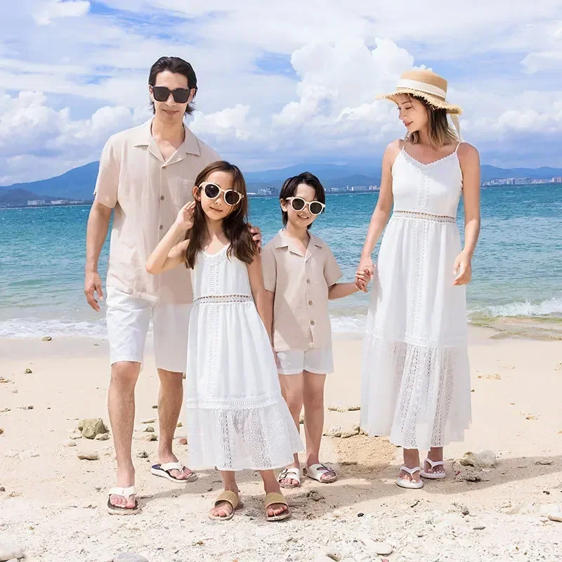 

2024 Mom Dad and Son Daughter Matching Clothes Father Baby Boy Mother Girl White Sleeveless Dress All The Family Resorts Look