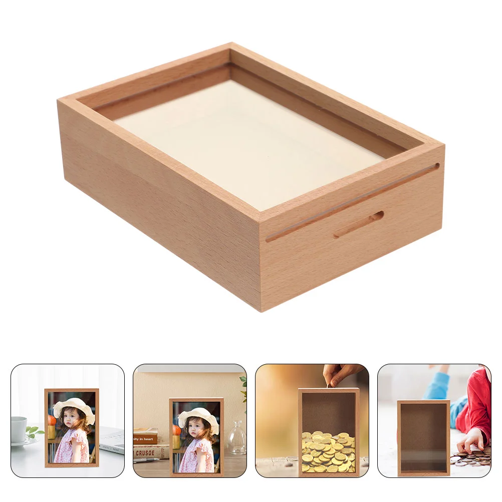 Piggy Bank Money Frame Decorative Cube Picture Table Wood Saving Jar For Kids Container Aldult Child