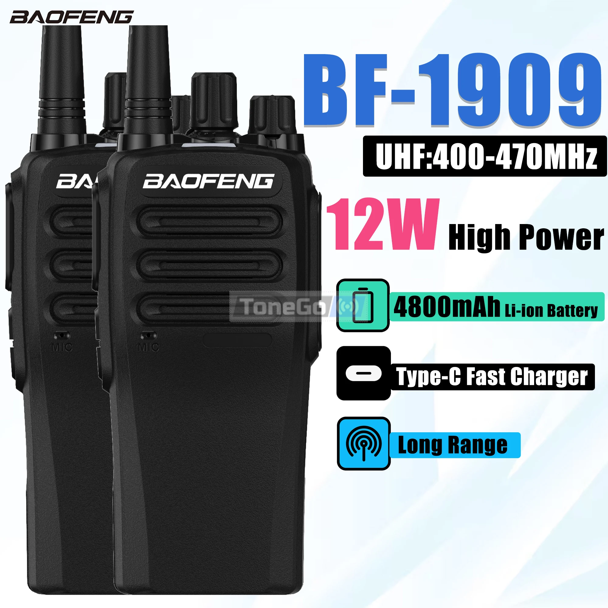 1/2 pces baofeng BF-1909 walkie talkie bf 1909 12w de alta potência de longo alcance uhf rádio em dois sentidos tipo-c transmissor de carregamento para caça