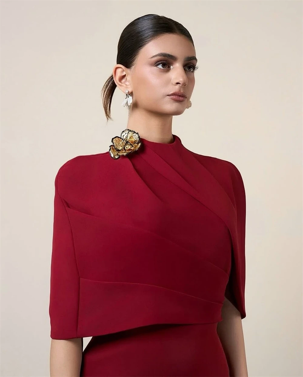 Mila Burgundy Shawl Prom Dresses High Neck Half-Sleeve Simple Customized Formal Evening Sheath Ankle-Length vestidos de fiesta