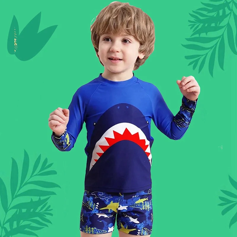 Cartoon Animals Pattern Printed Swimming Suits for Kids Boys Summer Quick Dry Elastic Swimming T-shirts Shorts Sets for Child