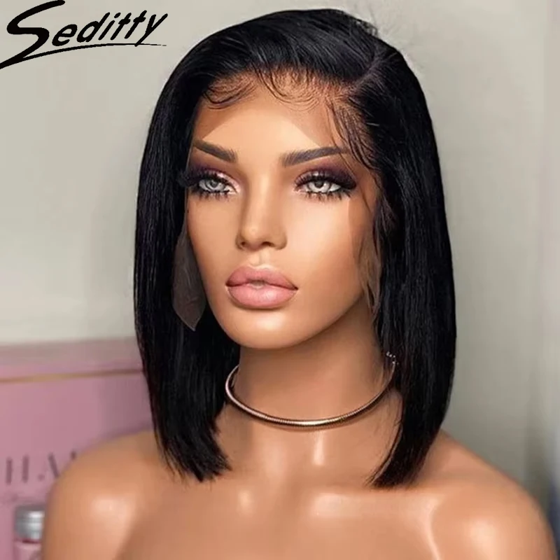 

Short Straight 13x4 Bob Wigs 200% Density Pre Plucked Brazilian Remy 100% Human Hair 4x4 Lace Frontal Bob Wig Natural BlacK #1B