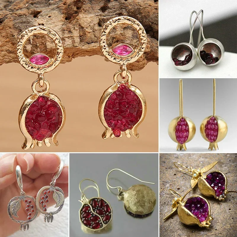 Boho Vintage Gold Silver Color Fruit Pomegranate Drop Earrings for Women Red Stone Stud Earrings Jewelry Gifts Drop Shipping