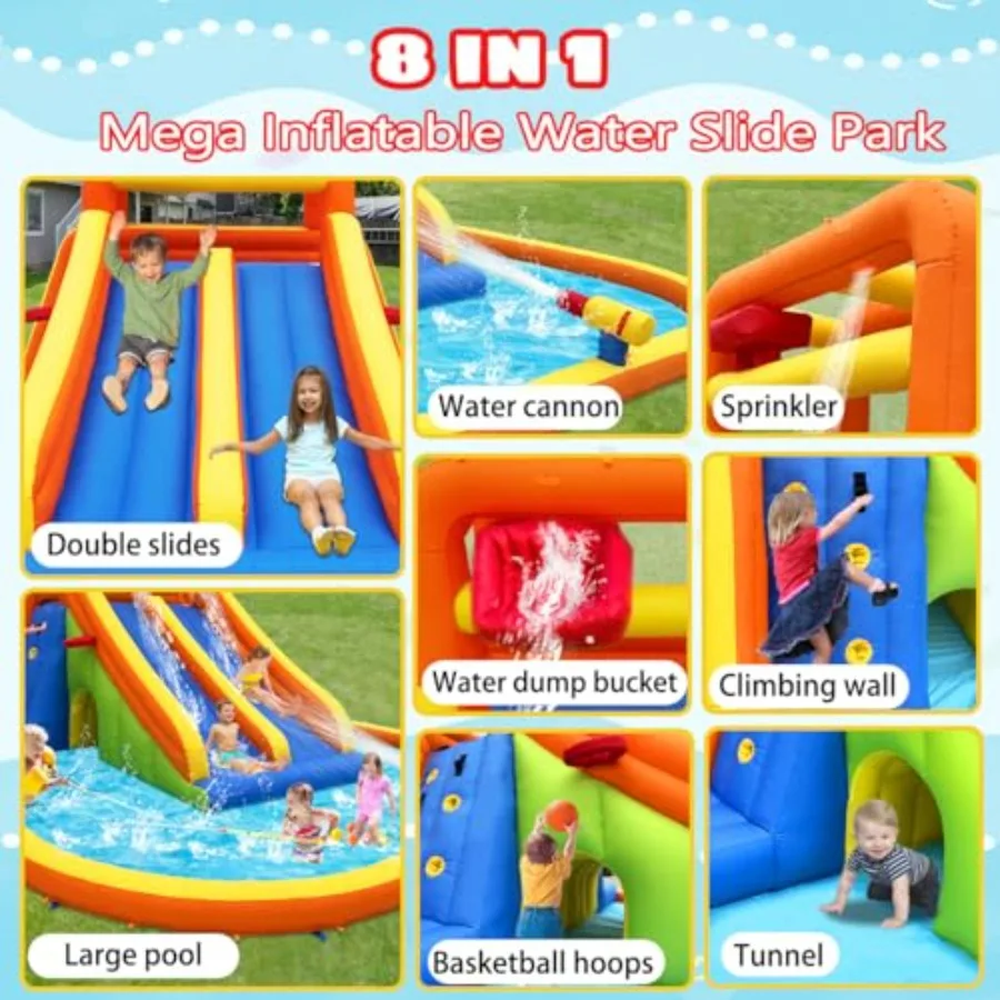 Outdoor inflatable water slide for kids aged 5-12, PVC material, blue and yellow, dual tall slides with climbing walls, splash
