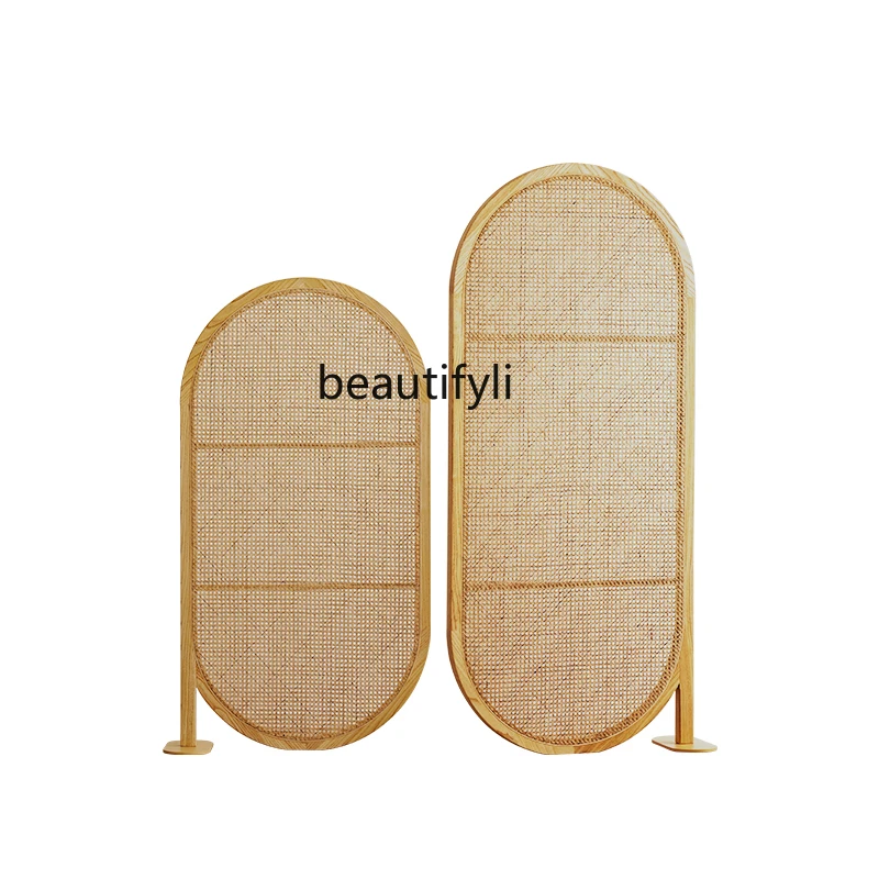 

Rattan Screen Entrance Partition Solid Wood Living Room Bedroom Occlusion Movable Seat Screen Combination