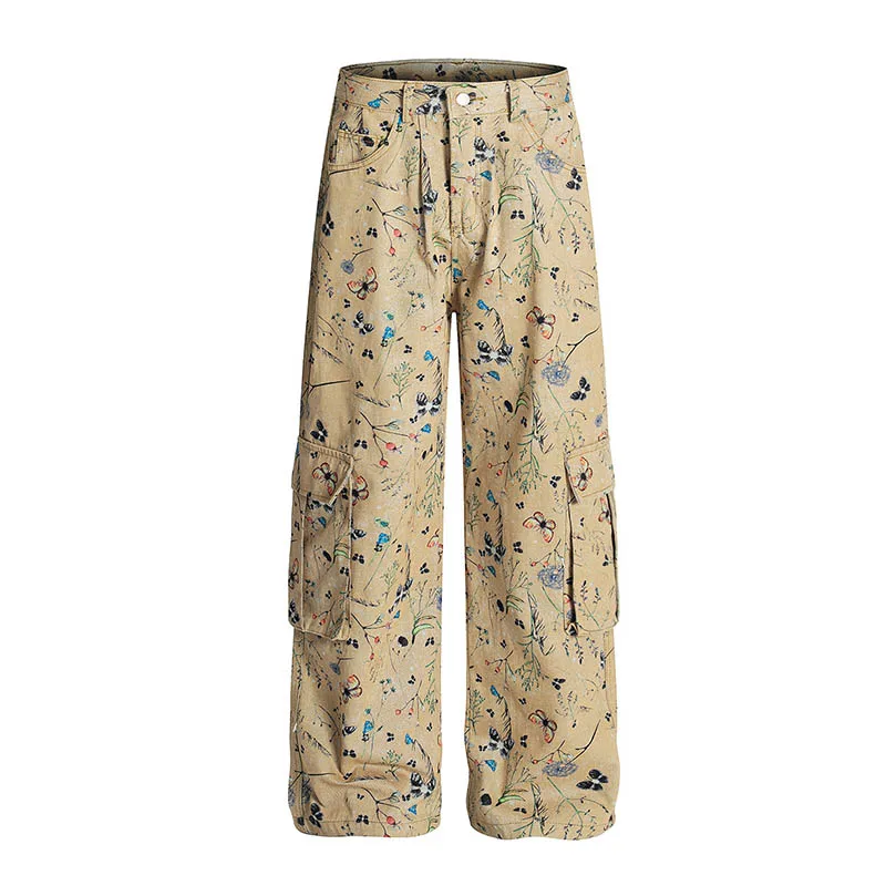 Hip Hop Printed Vintage Jeans Pants Straight Casual Cargo Denim Trousers For Male Multi Pockets