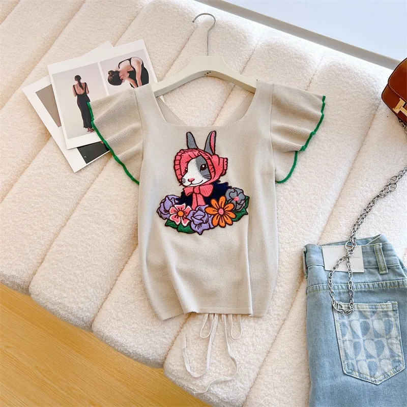 Rabbit Embroidered Thin Slim Knit Sweater Tshirt Women Summer Square Collar Short Sleeve Tops Knitwear Vintage Fashion Pullovers