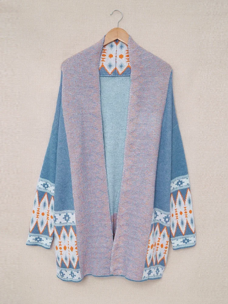 Geometry Vintage Knitted Sweater Cardigan Blue Open Front Autumn Spring Women Ethnic Boho Ladies Long Jumper Sweaters