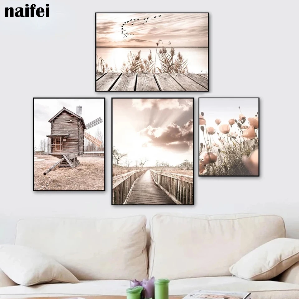 Nature Landscape Full diamond painting Landscape Beach mosaic Embroidery Wooden Bridge Hay Flower Boat Cross stitch Home Decor