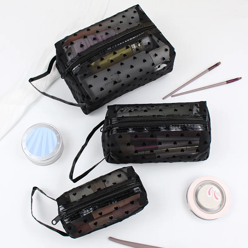 New Girls' Mesh Transparent Love Makeup Bag, Wash Bag, Makeup Brush Storage Bag, Pencil Case MS05