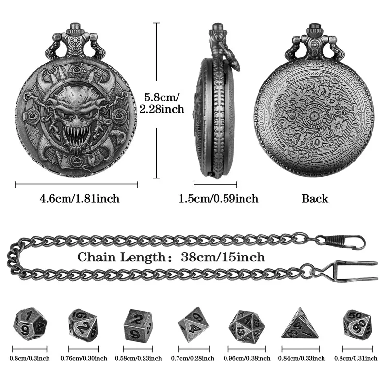 7 Piece Polyhedral Dice Set With Pendant Chain Gothic Skull Head Pocket Watch Case Metal Material Gaming Accessory For Role Play