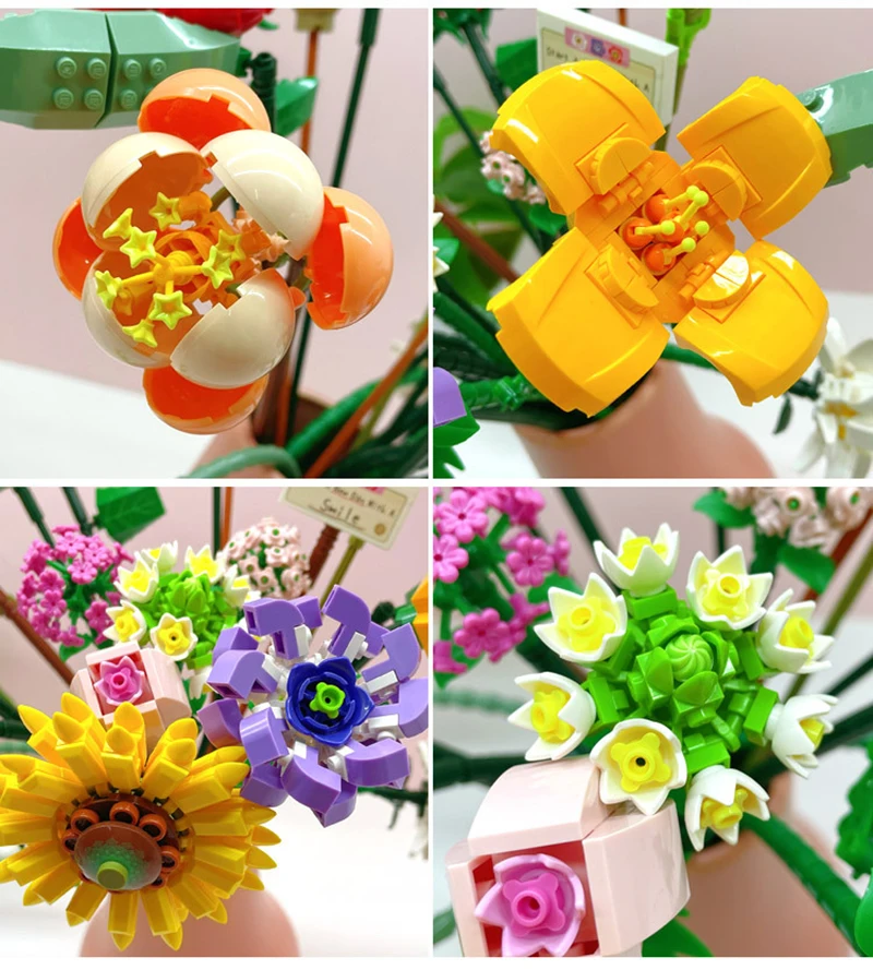 New Block Collection Bouquet – Set de Construction Fleur – Modèle de Fleur en Briques pour Adultes – Kit de Construction Créatif et Décoratif - Idée Cadeau Originale (3 Flower Pack - B