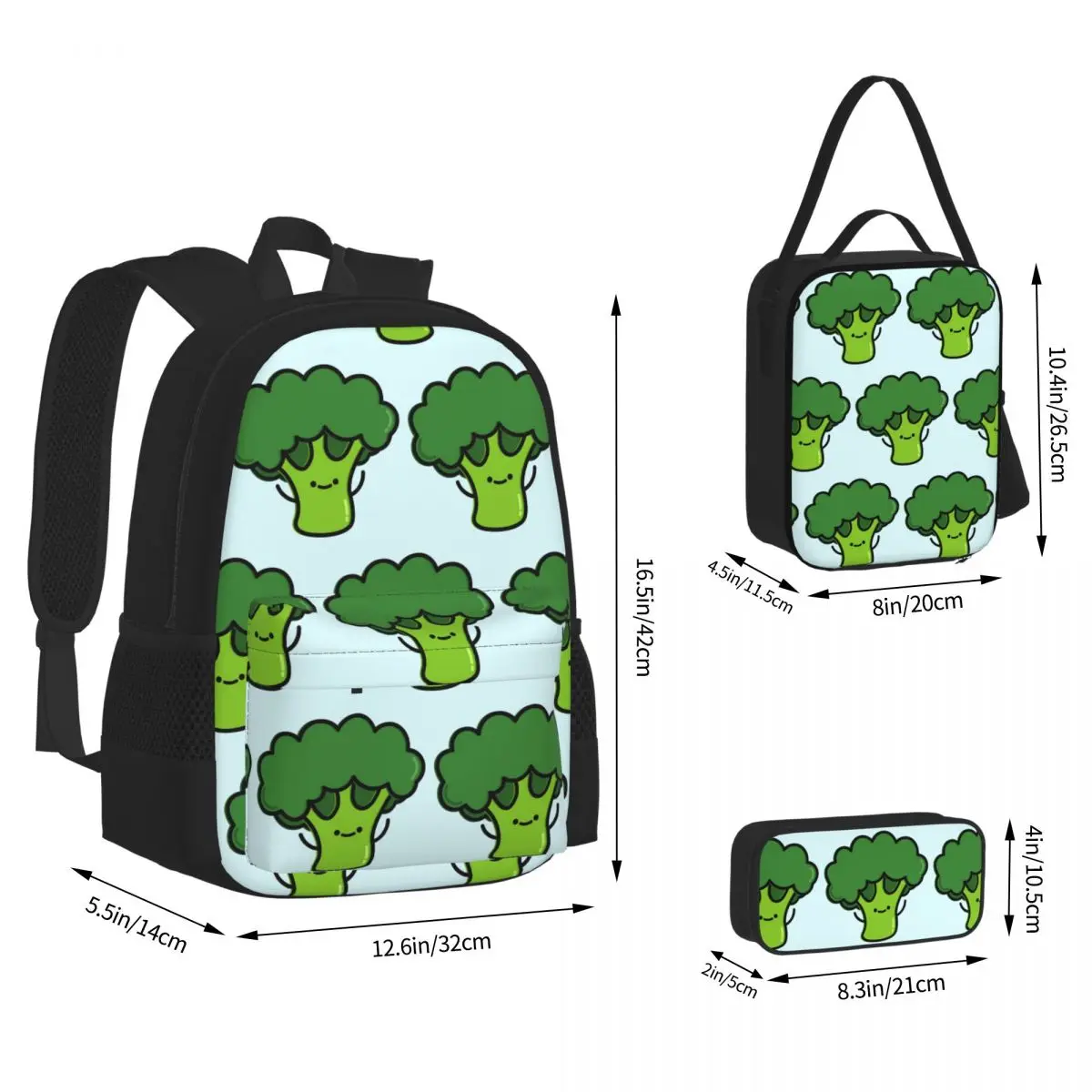 Cute Broccoli Backpacks Students Bookbag School Bags Children Rucksack Lunch Bag Pen Bag Three-Piece Set