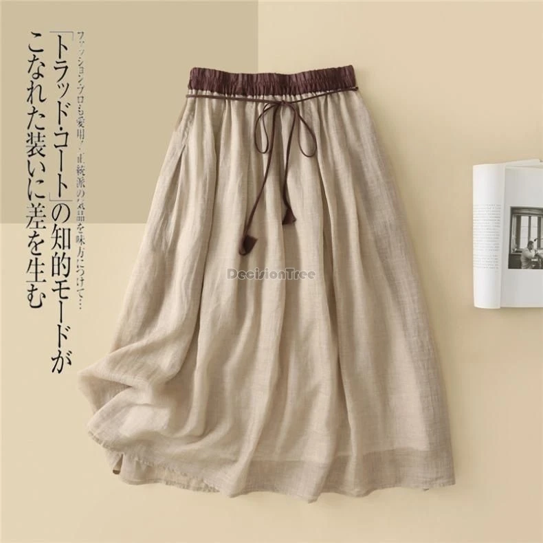 

2025 chinese national style women's cotton and linen double-layer skirt loose lace-up elastic waist loose casual long half dress
