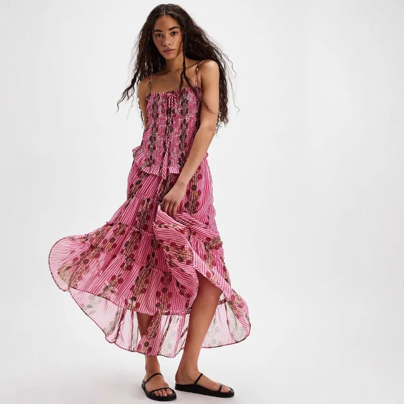 2025 New Women's Floral Print Strapless Dress Vacation Style Patchwork Asymmetrical Hem Sundress Beach Boho Chic Dress