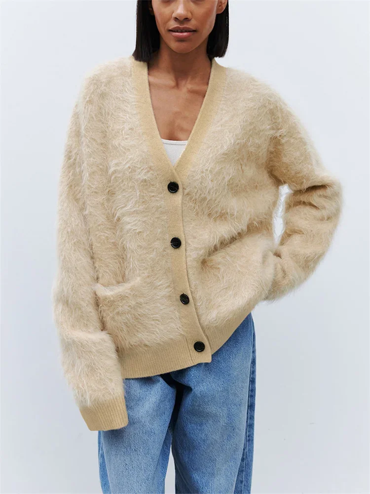 Capispalla casual Autunno Moda Donna Cardigan lavorato a maglia Manica lunga allentata Tasca con scollo a V Nuovo maglione femminile Maglieria