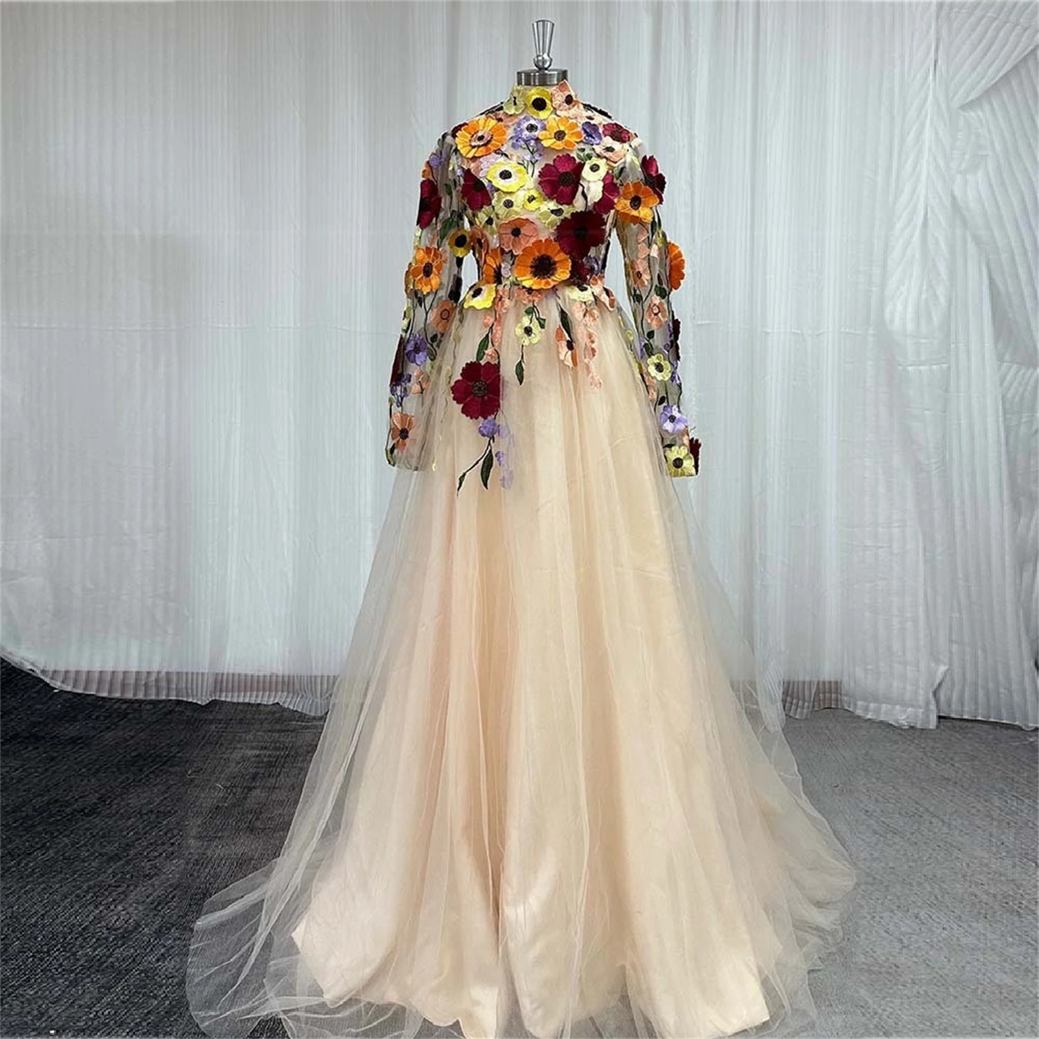 Aileen 3D Flowers Women's Evening Dresses Women Dresses for Weddings Round Neck Line A Elegant Evening Dress Wedding Queue Prom