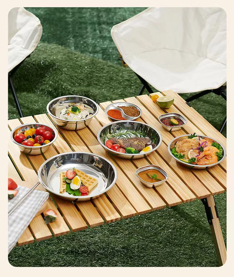

Stainless Steel Portable Self Driving Barbecue Plate Soup Basin Plate and Bowl Set Camping Barbecue Tableware