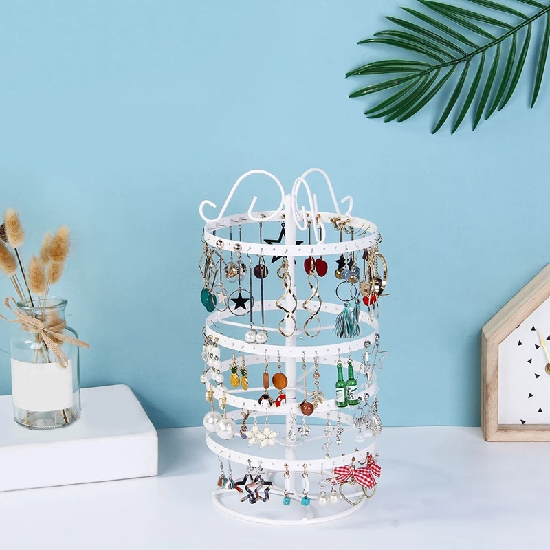 Цельная четырехэтажная вращающаяся стойка для ювелирных изделий из кованого железа, стойка для ювелирных изделий, серьги, браслет, стеллаж для выставки товаров, белый цвет