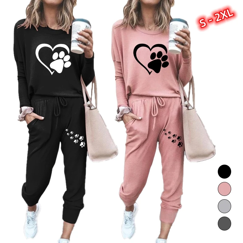 

2023 New Spring and Autumn Cat Paw Printed Women's Suit Fashion Daily Home Wear Woman Round Neck Sweatsuit + Pants 2pcs Sets