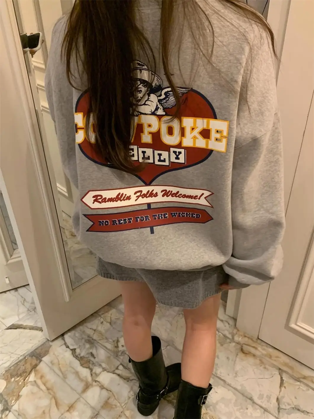 ay American Retro Cartoon Heart Pattern Design Loose Fit Women's Hoodie Korean Version round Ne Long Sve Sweatirt