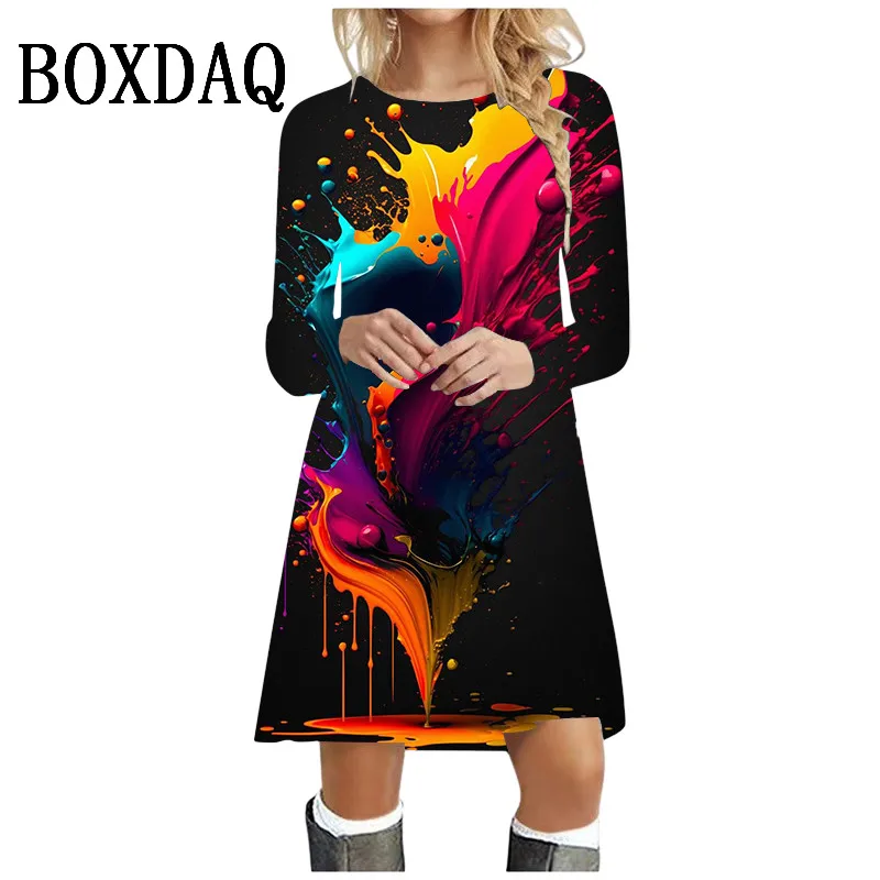 

2024 New Autumn Long Sleeve O-Neck Casual Dress Big Size S-3XL Fashion Tie dye Gradient Colorful Printing Dress Ladies Vestidos