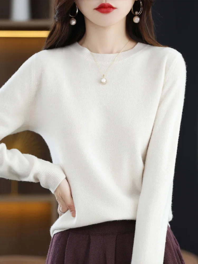 

Autumn Winter Women Cashmere Sweater 100% Merino Wool Knitted Pullover O-Neck Solid Color Knitwear Long-Sleeved Casual Top