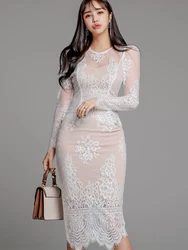 New Arrival Elegant Lace T-shirt And Slim Pencil Skirt High Quality Work Style 2 Pieces Casual Perspective Formal Women Sets