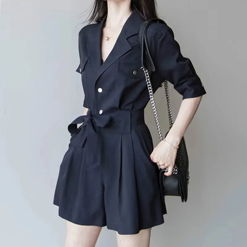 New Summer Women Casual Office Elegant Loose Short Wide Leg Jumpsuits Female Streetwear Solid Button Pocket Overalls Whit Belt