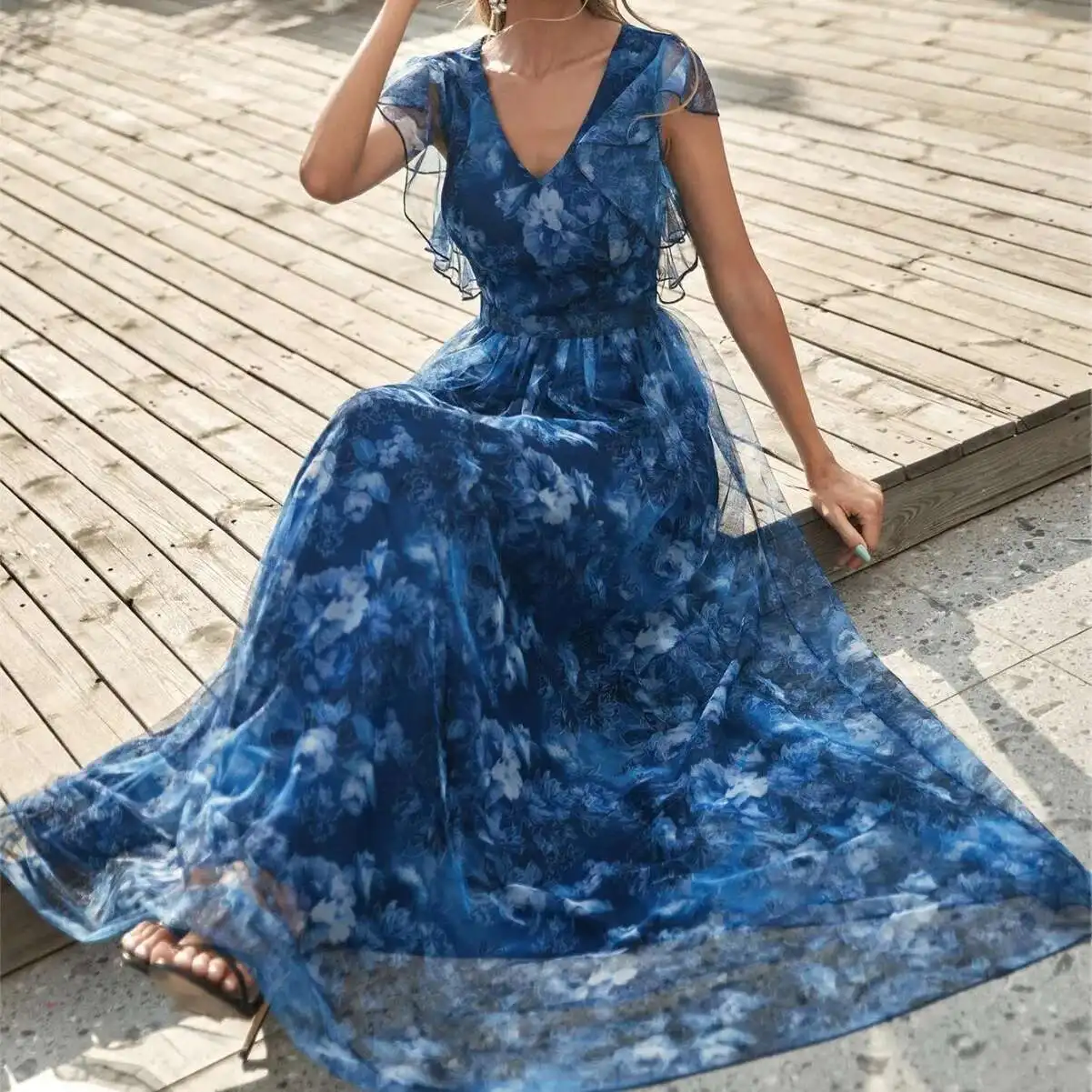 

Evening Gown V-neck Printed Mesh with Ruffled Edges, Party Dress, Bridesmaid Dress, Graduation Season Dance Dress, Spring Party