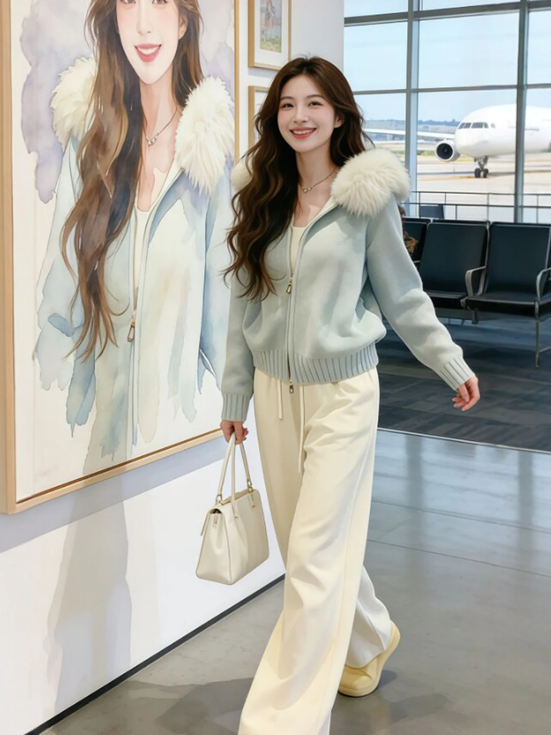 

Корейский мягкий свитер с большим меховым воротником, зимний модный топ для молодых женщин, Ci Walk Country Tour Busin...