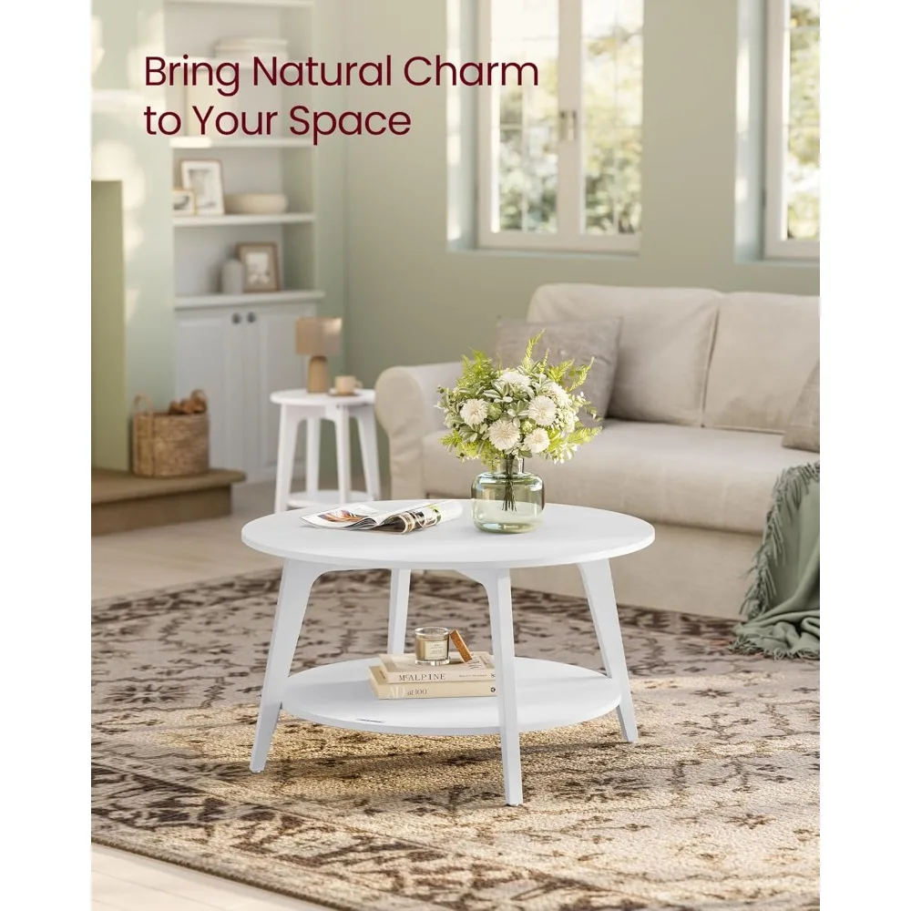 원형 커피 테이블, 수납 공간이 있는 2단 센터 테이블, 테이퍼형 다리, 곡선형 전환부, 직경 31.5인치. x 1