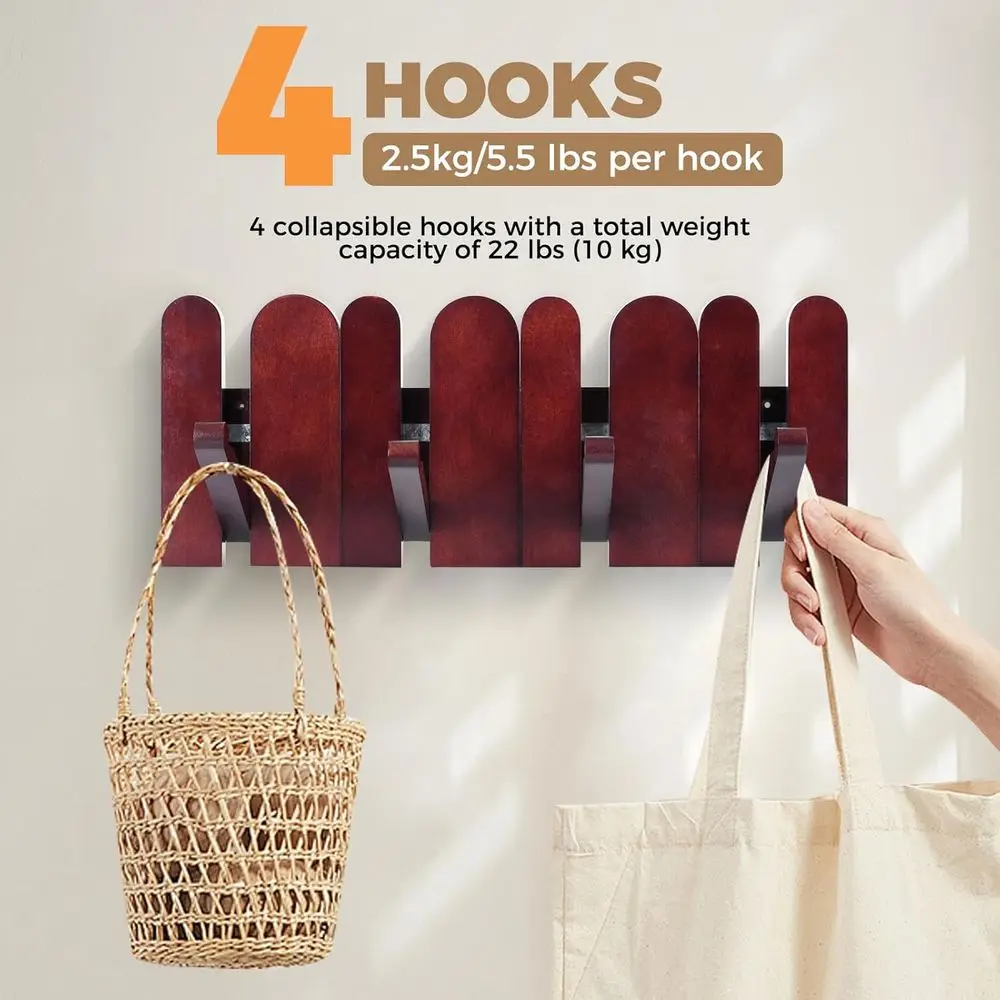 عبوة مزدوجة من رفوف المعاطف المثبتة على الحائط من خشب الزان الصلب مع 4 خطافات مضادة للانزلاق لديكور المنزل والتخزين