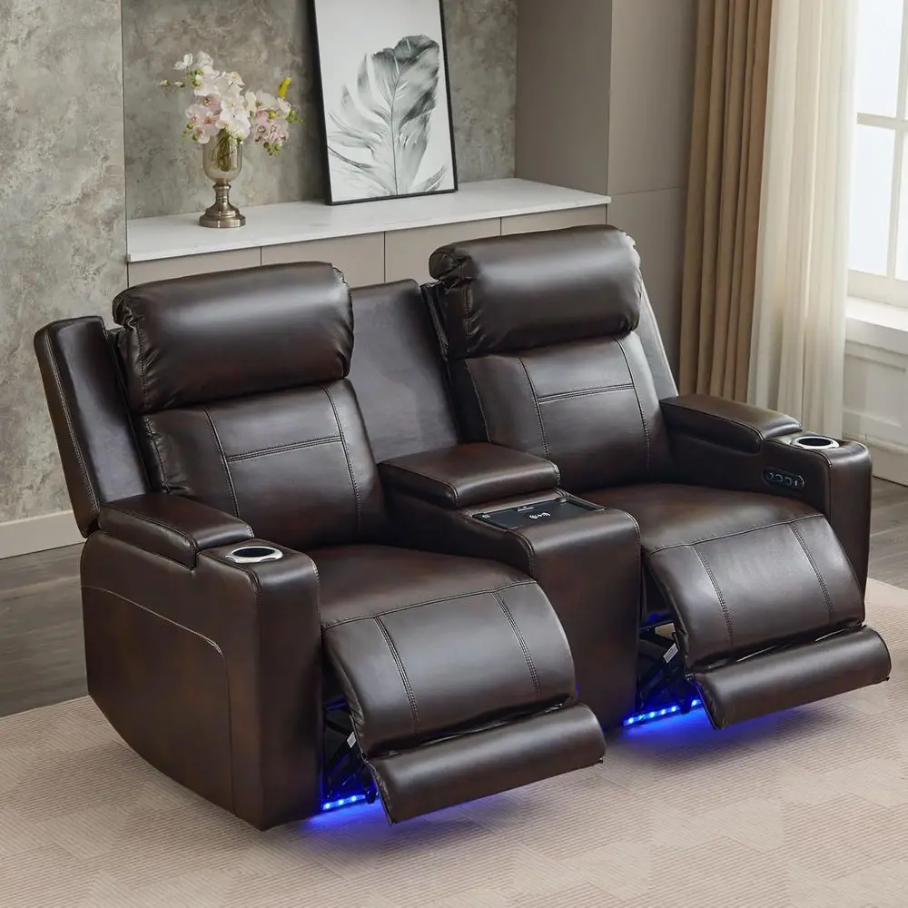 

Power Reclining Soa with Adjustable rest/LED Light, Home Theater Seating with Armrest Storage/Outlet/Breathable Leather, Power L