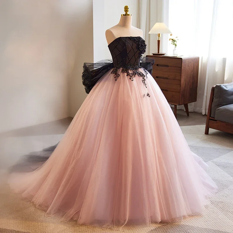 Customized Modern Chic Constrast Color Strapless Diamond 3D Flower Appliques Vestidos Big Bow Tulle Design Dress Long Cascading