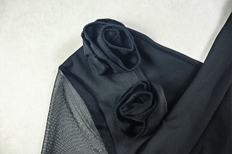 Fiori 3D Sheer Mesh Patchwork Increspato Aderente Mini Abito Donna Sexy Colletto Irregolare Manica Lunga Guaina Clubwear Streetwear