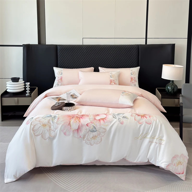 Flowers Embroidery Bedding Set Luxury Pink White Egyptian Cotton Duvet Cover Sets Bed Sheet Pillowcases Home Textile