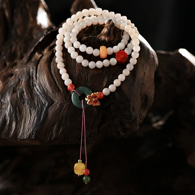 Natural Hetian Jade Lotus Root Pink Multi Loop Hand String South Red Honey Wax Fashion Handwear Mesh Butterfly Atmosphere Bracel