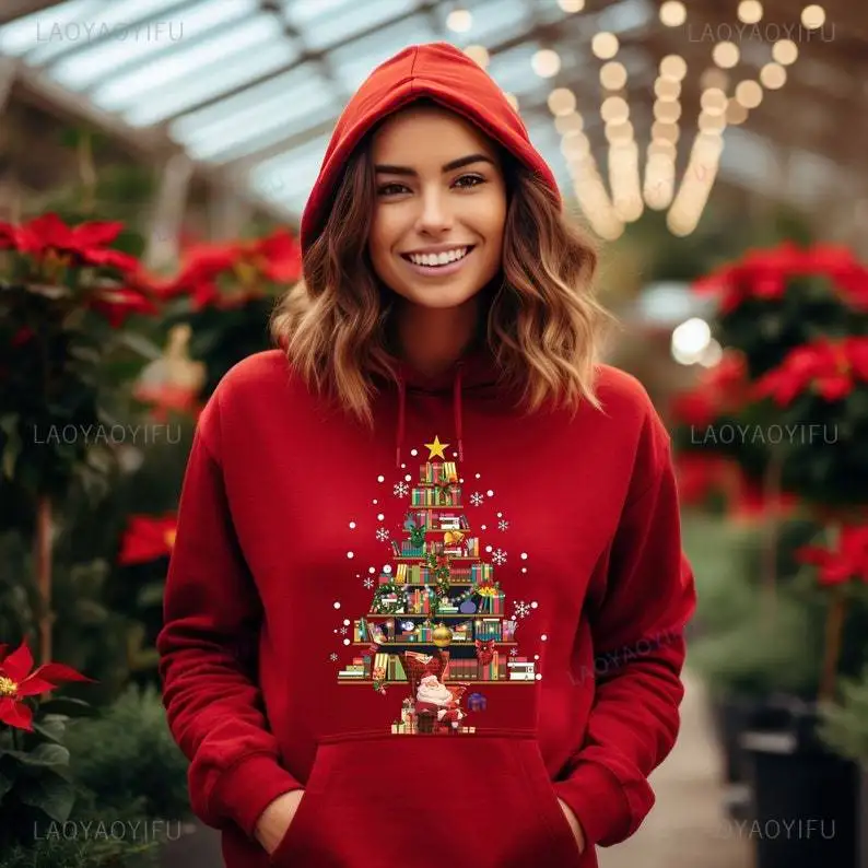 Christmas Tree Bookshelf Snowflake Printed Hoodies New Year Xmas SantaClaus Nap Woman Man Funny Pullover Winter Warm Sweatshirt