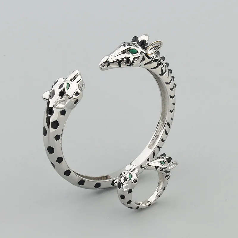 Designer Collection Style Ring Bangle Bracelet Women Lady Green Eyes Black Patches Leopard Giraffe Jewelry Sets