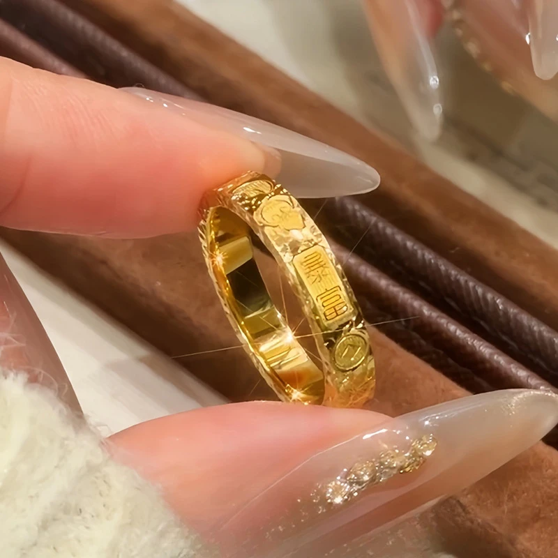 

Luxury 100% Real 24K Gold Light Luxury Crushed Ice Fortune Words Ring for Women, Niche Minimalist High-End Finger Ring
