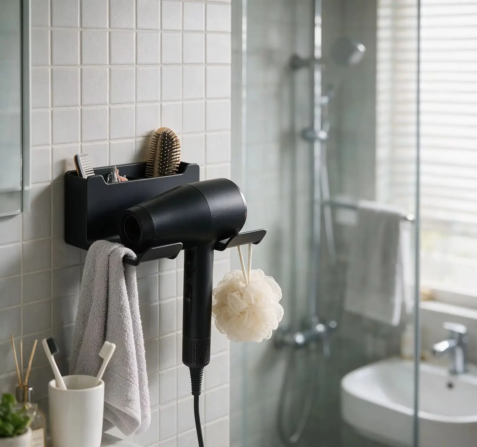 1 pieza de soporte de pared de plástico sin perforaciones para secador de pelo, soporte para plancha de pelo, estante de almacenamiento de accesorios de peinado para baño.