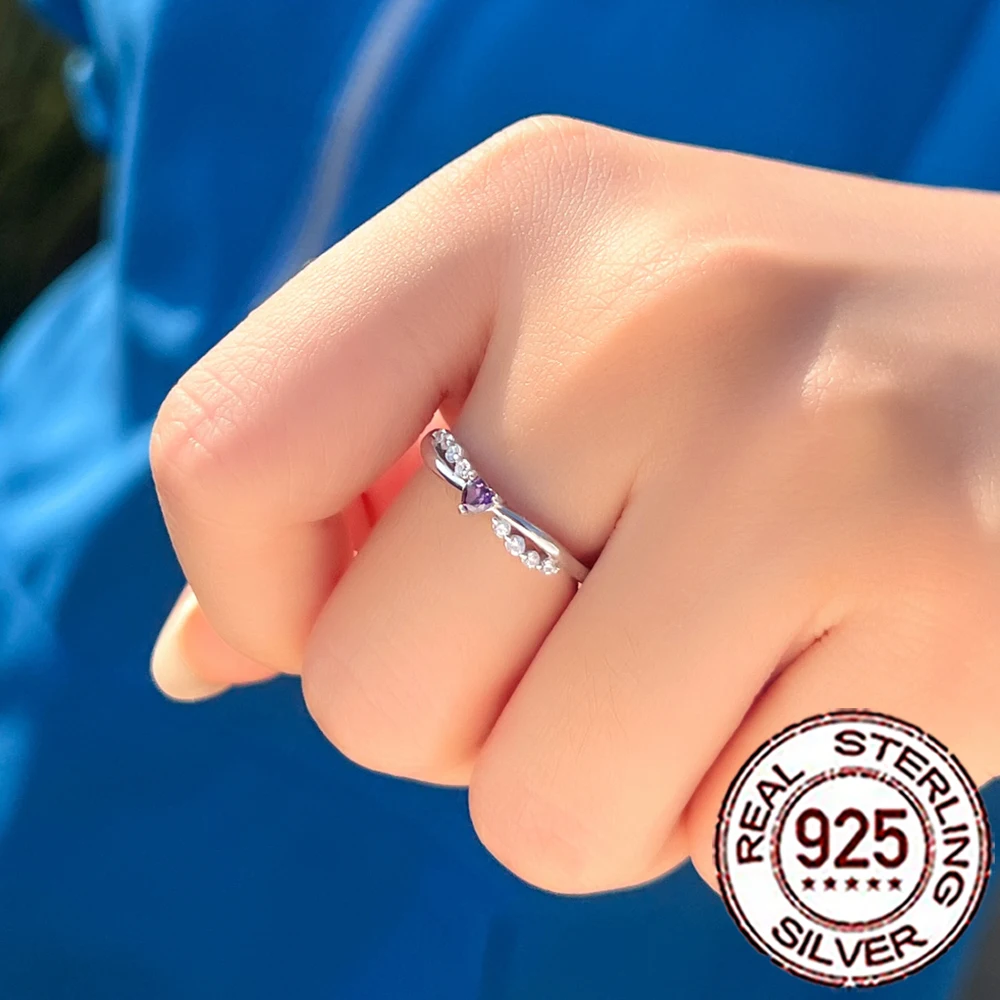 CWWZircons 925 Sterling Silver Charming Purple White CZ Heart Shape Crystal Rings for Women Fine Anniversary Jewelry Gifts SR045